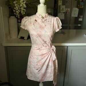 Puff Sleeve Floral Cheongsam Qipao Wrap Tie Dress